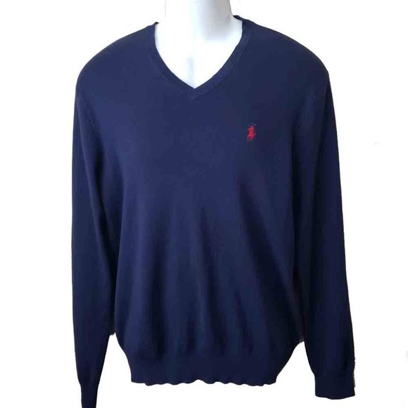 Polo by Ralph Lauren Pima Cotton Sweater V-Neck Navy Blue Men's Size Large - Picture 1 of 2